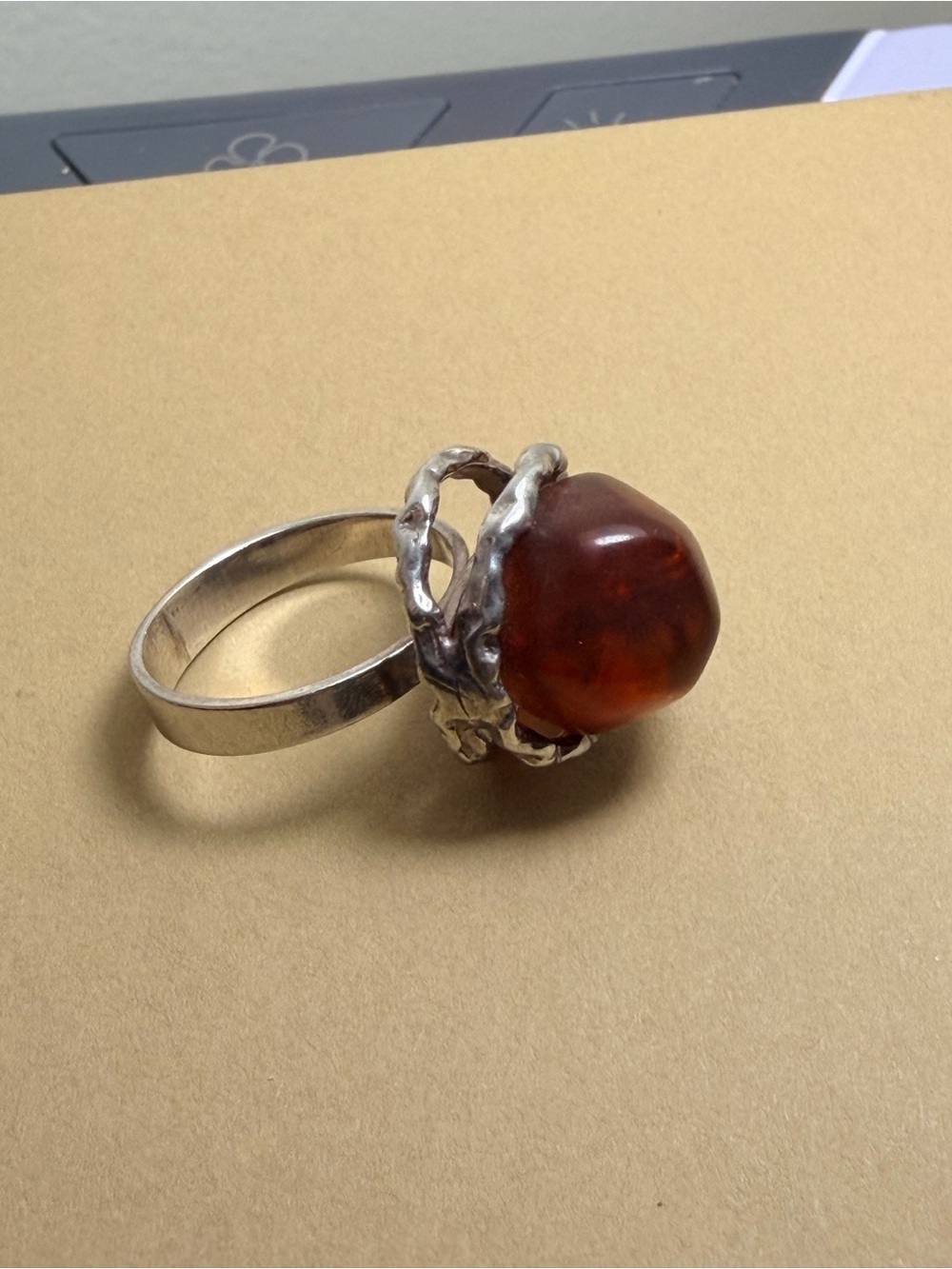 Unique modernist Amber/sterling ring